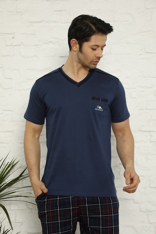 Alimer Erkek V Yaka Ekose Desen %100 Pamuk Kısa Kol Cepli Pijama Takımı İndigo