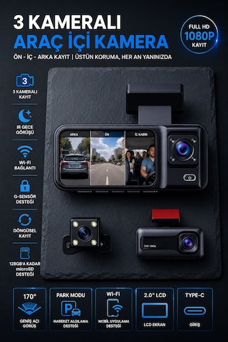 3 Kameralı Araç İçi Kamera Full HD 1080P Ön Arka İç Kamera IR Gece Görüşü G-Sensör Dashcam