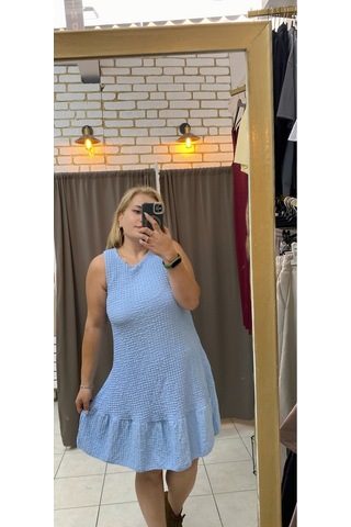Tuba Toptaş Fırfırlı Gofre Elbise Mavi