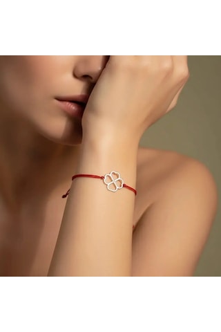 G&a Jewels - Kalpli Yonca - 925 Ayar Gümüş 0.01ct Pırlanta Taşlı Kırmızı İpli Bileklik Gümüş - Kırmızı