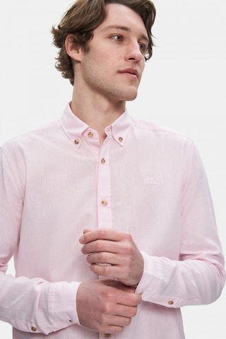 Ucla Jacquez Şeker Pembe Keten Nakışlı Standard Fit Erkek Gömlek Şeker Pembe
