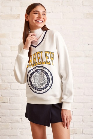 H1 Style V Yaka Oversize Sweatshirt Beyaz
