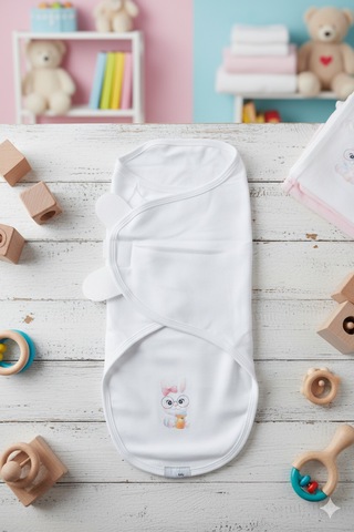 Baskılı Kulaklı Bebek Kundağı 0-3 Ay Beyaz