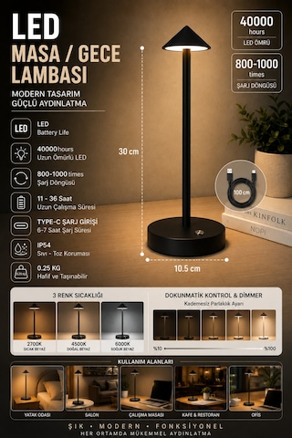 Şarjlı Usb'li Led'li Siyah Gece Lambası 3 Farklı Işık Modlu Dokunmatik Dimmerli Dekoratif Metal Masa Lambası