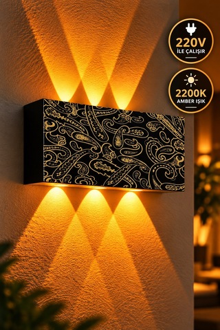 Siyah Gold Etnik Desenli 12w 2200k Amber Işıklı 3 Gözlü Yukarı Aşağı Dekoratif Duvar Apliği 16 Cm Amber Işık