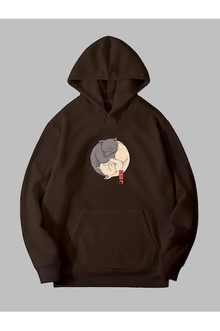 Harmandar Üç İplik Ying Yang Baskılı Unisex Kahverengi Kanguru Cepli Kapüşonlu Sweatshirt Hoodie Yingyangkahverengisweat
