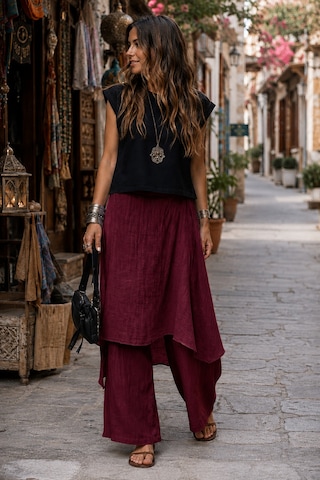 Bohem Stil İtalyan Ham Keten Pantolon Etek Bordo