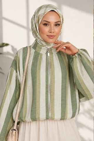 Hb Harma Time Butik Kadın Fermuarlı Modal Kumaş Ahenk Haki Ceket