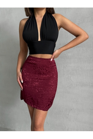Kadın Desenli Saten Etek Bordo