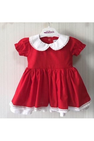 Bebe Yaka Dantel Detaylı Kırmızı Poplin Kız Çocuk Bebek Bayram Özel Gün Elbise 001