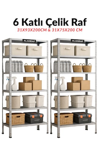 Çelik Raf 6 Katlı 2'li 31x75x200 & 31x93x200cm Raf Sistemi, Depo Rafı, Arşiv Rafı, Kiler Rafı, Çok Amaçlı Raf Galvaniz Çelik Raf 6 Katlı 2'li 31x75x200 & 31x93x200cm Raf Sistemi, Depo Rafı, Arşiv Rafı, Kiler Rafı, Çok Amaçlı Raf Galvaniz