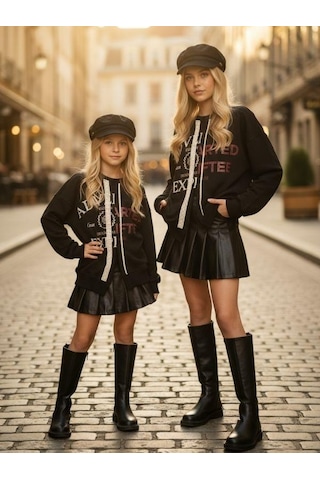 Kız Çocuk Asimetrik Kesim Fermuar Detaylı Oversize Tasarım Sweatshirt-16293 Siyah