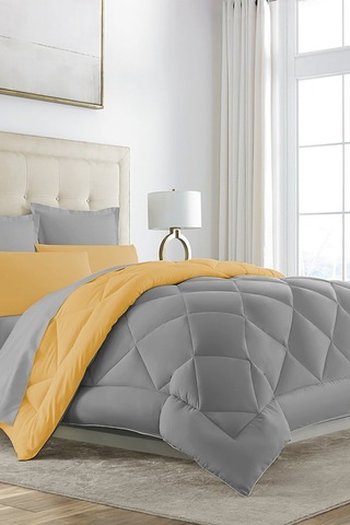 Alla Turca Çift Taraflı Lux Silikon Yorgan - Çift Kişilik Özel Çantalı Sarı-gri