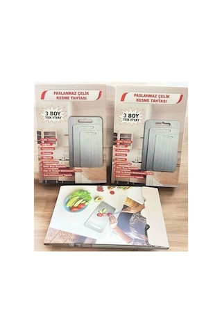 3'lü Paslanmaz Çelik Kesme Tahtası Seti Gıda Temasına Uygun 34x23 29x19 24x15 Çok Renkli