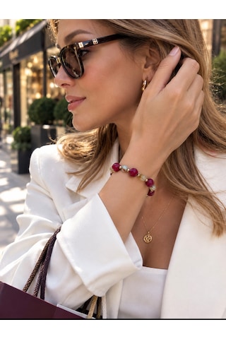 Granat Ve Sarı Akik Doğaltaş Handmade Bileklik Bordo