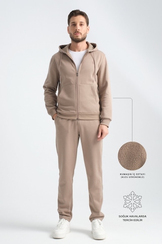 Shooter Sportswear Shooter Erkek Kışlık Eşofman Takımı Thermosoft Teknolojisi İçi Kuzu Görünümlü Regular Kalıp Minimal Logo Kapüşonlu Vizon