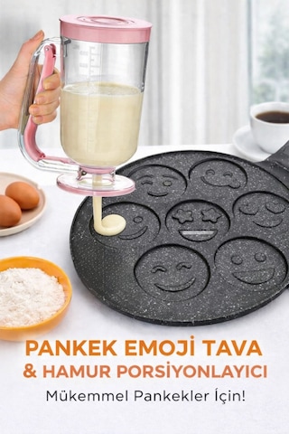 Döküm Emoji Pankek Tavası Ve Pembe Hamur Porsiyonlayıcı Seti Şekilli Pankek & Krep Tavası Siyah