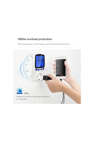 Tograt - Dijital Wattmetre - Priz Tipi - Elektrik Tüketimi Ölçer - 220v 16a 3680w - Işıklı Lcd Ekran