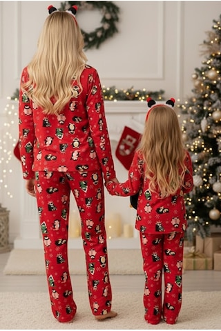 Siyah İnci %100 Pamuklu Puanlı Şeker Baston Desenli Yılbaşı Temalı Örme Pijama Takım Kırmızı Penguen
