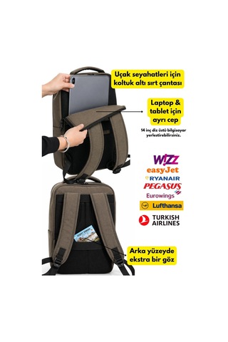 Jet Turtle Seyahat Sırt Çantası 40cm 40x25x15 Cm Pegasus, Wizz Air, Ryanair, El Valizi Koltuk Altı Valizi Açık Haki Kanvas