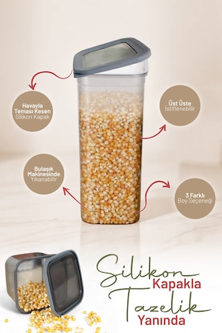 İronika 12'li Sızdırmaz Silikon Kapaklı Etiketli Jumbo Boy 1900 Ml Kare Erzak Bakliyat Saklama Kabı Antrasit Antrasit