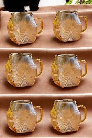 Qerhome Borosilikat Cam Amber Salyangoz Desenli Bardak 6 Adet 300 Ml Altın