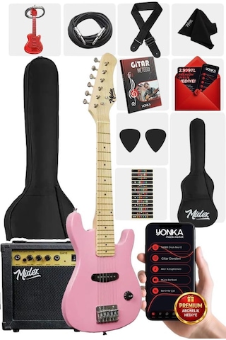 Midex Ceg-30pk 4-6 Yaş Çocuklar İçin Amfili Full 1/4 30 İnç Elektro Gitar Seti Pembe