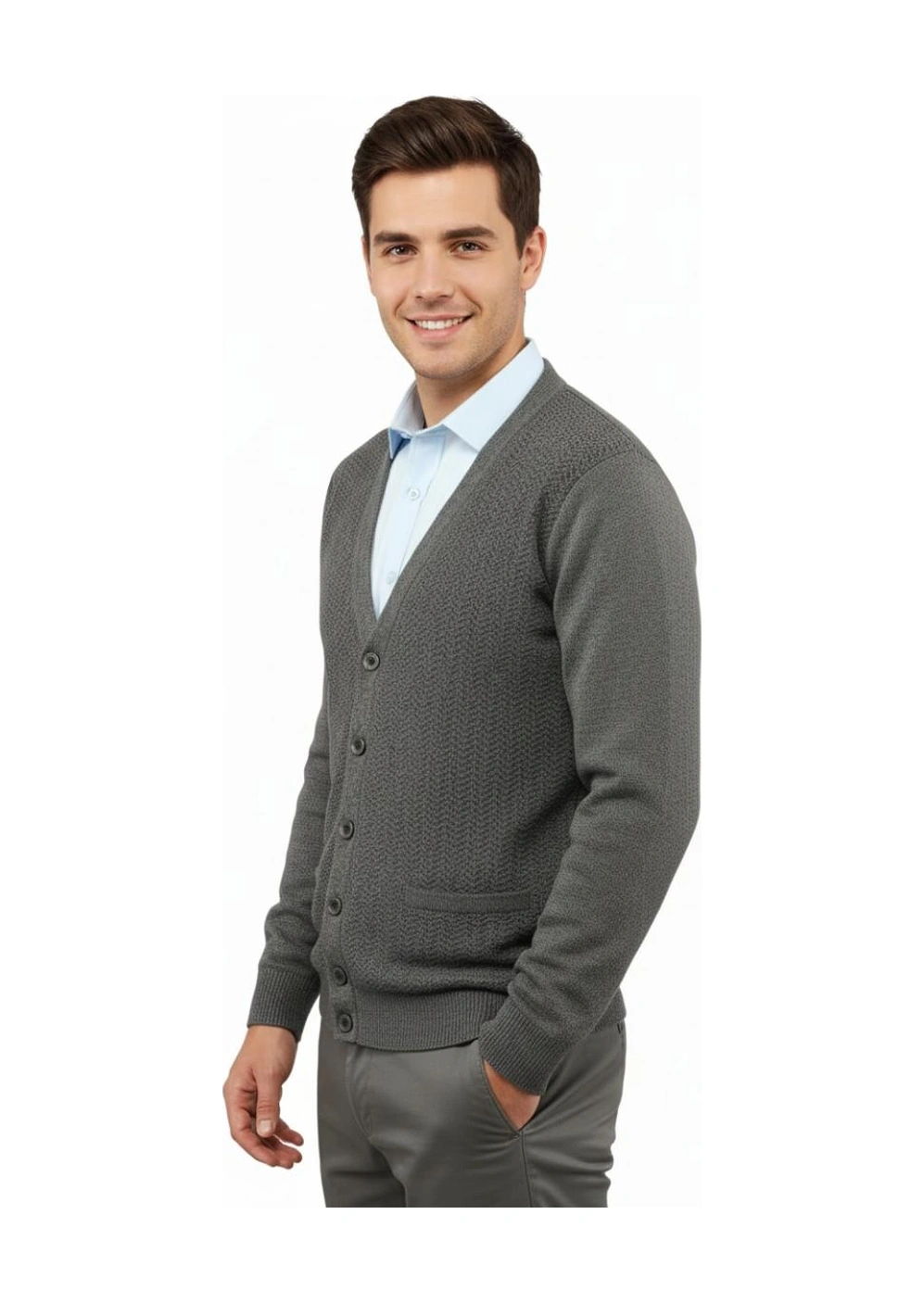 Erkek Düğmeli Hırka Cepli Çelik Örgü Klasik Kalıp 5212m Bgl-st04848 Koyu Gri