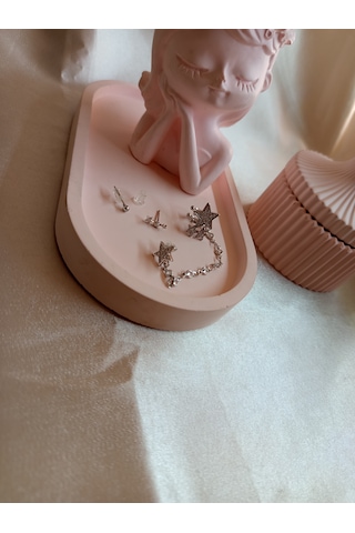 Gümüş Renkli Yıldızlı Kıkırdak Küpe Set