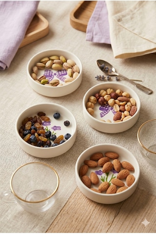 Lila Gift 4 Lü Seramik Kase Seti 10 Cm Çiçek Desenli Çerezlik Ve Sosluk Beyaz