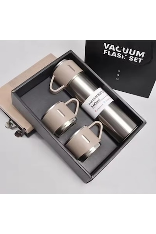 Dekorasyaa Paslanmaz Çelik 3 Bardaklı Termos 500 Ml - Metal Renk - Çanta Hediyeli - 12 Saat Sıcak Soğuk Metalik