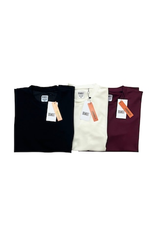 Bigmost Erkek 3'lü Set Premium Modal Kumaş Regular Fit Basic Tişört Siyah - Krem - Bordo