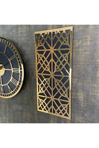 Altın Renk Aynalı Pleksi Modern Tasarım Yuvarlak Duvar Saati Tablo 3 Lü Set Sessiz Mekanizma Saat 40x40cm Tablo 50x25 Cm Gold Siyah