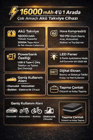 Merwish 16000mah 4'ü 1 Arada Akü Takviye Cihazı 2000a Hava Kompresörü Powerbank Led Fener Dijital Ekran Çantalı