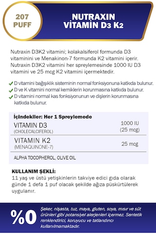 Nutraxin Vitals D3k2 30 Ml - 1000 Iu D3 Vitamini, 25 Mcg K2 Vitamini 207 Puf
