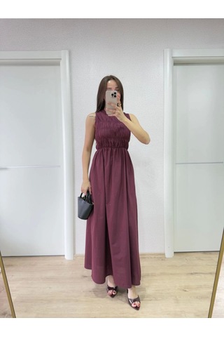 Dogutrend Kolsuz Göğüs Lastıklı Uzun Elbise - Bordo