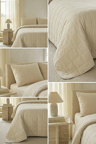 Ocean Home Textile %100 Pamuk Kumaş Kapitoneli Bej Çok Amaçlı Çift Kişilik Yatak Örtüsü Seti 1 Adet 250 X 230 / 2 Adet 50 X 70 Cm