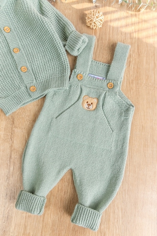 Babymod Triko Hırkalı 2'li Ayarlanabilir Askılı Örgü Erkek Bebek Salopet Tulum Takım Set Yeşil