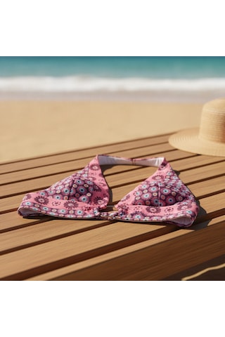 Bonbon Kadın Plaj Giyim Gül Kurusu Çiçek Desenli Boyundan Geçmeli Bikini Üst Bb2559 Çok Renkli