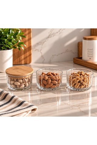 Bambu Kapaklı 3 Katlı Cam Saklama Kabı Seti 3x260 Ml