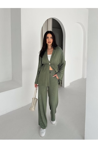 Kadın Simli Uzun Kol Modal Kumaş Kimono Pantolon İkili Takım Şık Ve Rahat Kadın Takım Yeşil