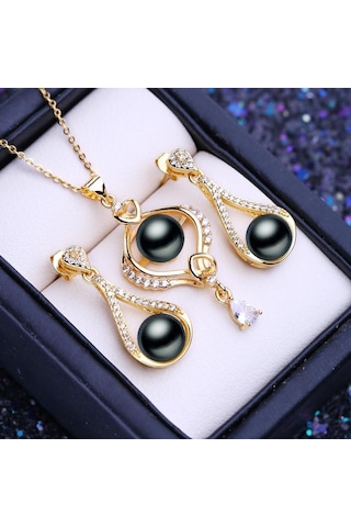 Siyah Lsooyh Doğal Tatlı Su İncisi Kolye Kübik Zirkonya Çiçek Küpe Kadınlar İçin İnci Takı Setleri Siyah