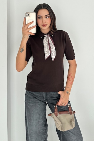 Noa & Noa Kadın Polo Yaka Düğmeli Fular Detay Triko Kazak Retro Accent Kahverengi