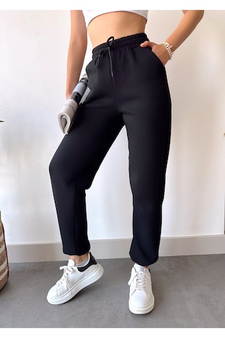 Gugus Trend Kadın Kışlık Kalın İçi Polarlı Yüksek Bel Paçası Lastikli Basic Jogger Eşofman Altı Siyah