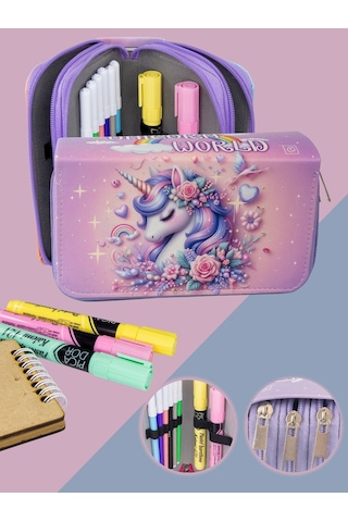 Kalem Kutusu Unicorn World Lila Orginazer Üç Bölmeli Vegan Deri Kalemlik