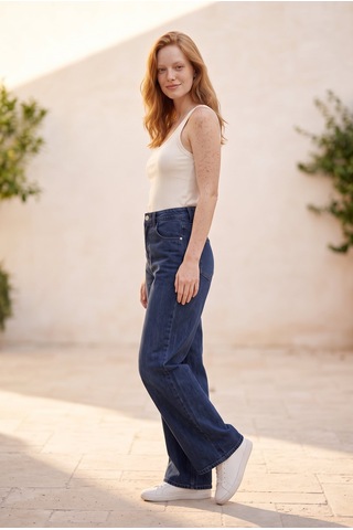 Soulshae Yüksek Bel Geniş Paça Denim Pantolon Lacivert