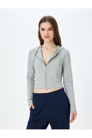 Koton Kapüşonlu Fermuarlı Crop Sweatshirt Gri Melanj 5wak10079ek Gri Melanj