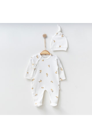 O'Baby %100 Organik Pamuk Zeytin Desenli Tulum Beyaz