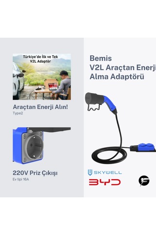 Bemis V2l Vehicle To Load Elektrikli Araç Uyumlu 2 Li Priz Uzatma Adaptörü 3 Metre Byd / Skywell 3.5 KW