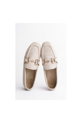 Muggo Mona Garantili Metal Tokalı Deri Kadın Loafer Günlük Ayakkabı Bej